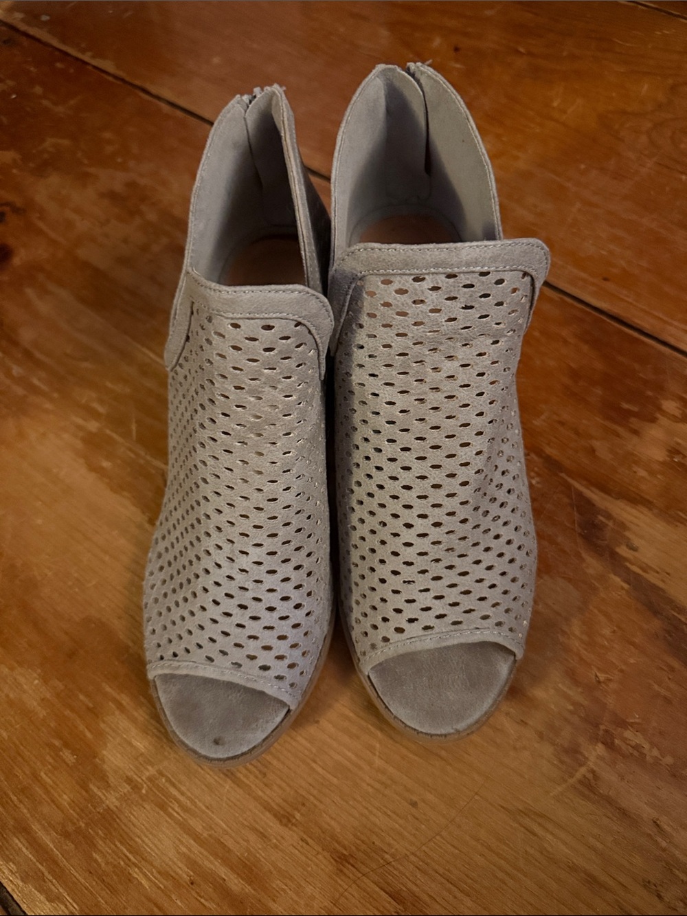 Qupid Taupe Perforated Peep-Toe Mule Booties